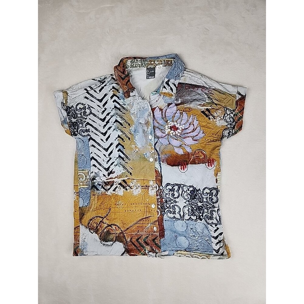Simply Art by Dolcezza Short‎ Sleeve Blouse Medium Buttons Good Enough Design